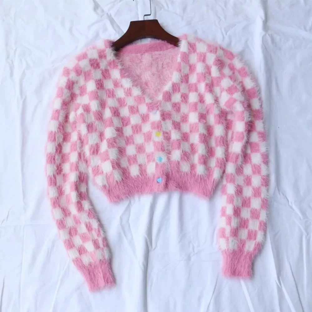 Plaid sweater pink white womens cardigan long heart buttons - Picture 8 of 12